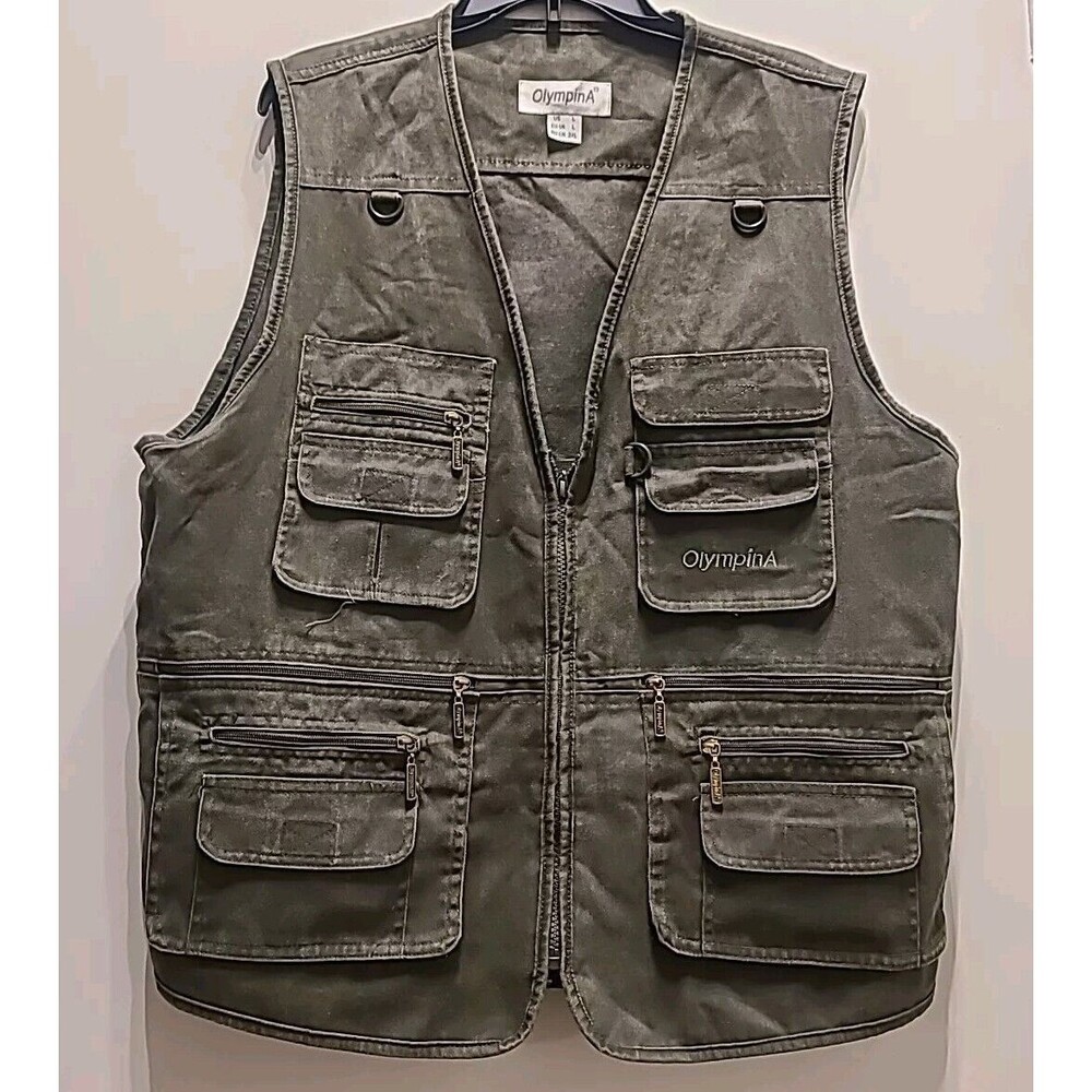 Olympina Utility Vest Mens Large Zip Up Hunting Fishing Outdoor Safari Green
